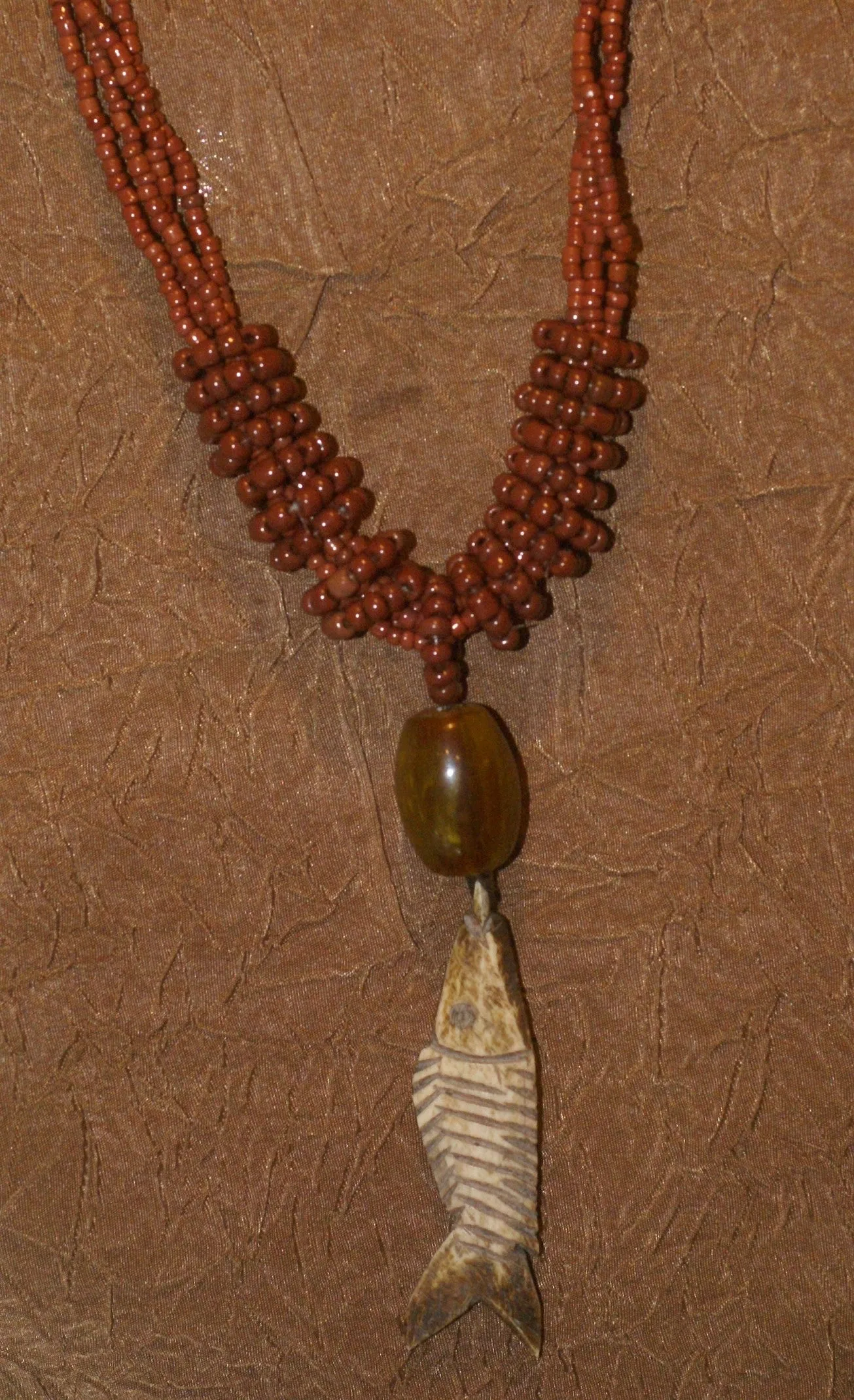 4 Strands Unique Earthtones Hand crafted Ethnic Glass Trade Beads & Amber Bead Necklace with Buffalo Bone Hand Carved Pendant of Fish, Zodiac Pisces, Borneo Kalimantan, Indonesia NECK39