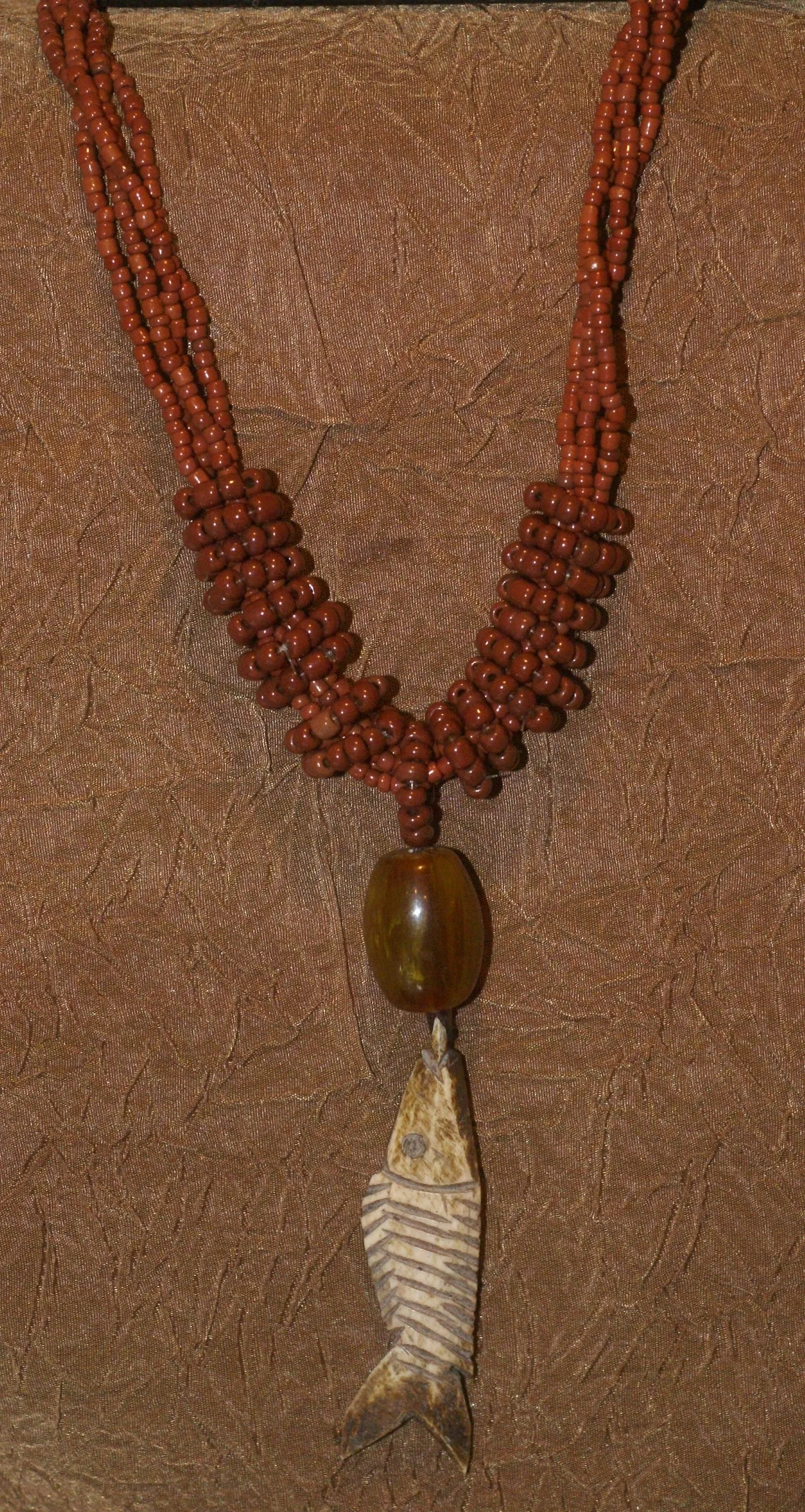 4 Strands Unique Earthtones Hand crafted Ethnic Glass Trade Beads & Amber Bead Necklace with Buffalo Bone Hand Carved Pendant of Fish, Zodiac Pisces, Borneo Kalimantan, Indonesia NECK39