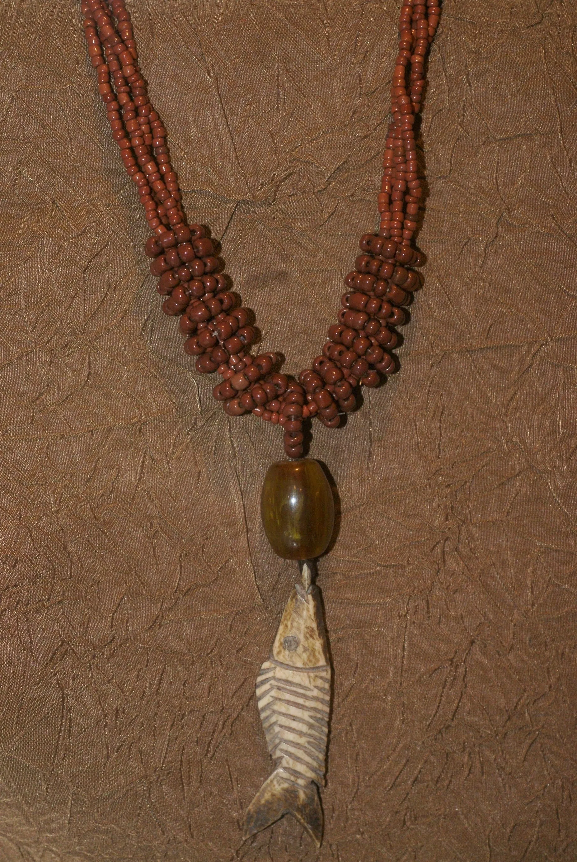 4 Strands Unique Earthtones Hand crafted Ethnic Glass Trade Beads & Amber Bead Necklace with Buffalo Bone Hand Carved Pendant of Fish, Zodiac Pisces, Borneo Kalimantan, Indonesia NECK39