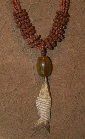 4 Strands Unique Earthtones Hand crafted Ethnic Glass Trade Beads & Amber Bead Necklace with Buffalo Bone Hand Carved Pendant of Fish, Zodiac Pisces, Borneo Kalimantan, Indonesia NECK39