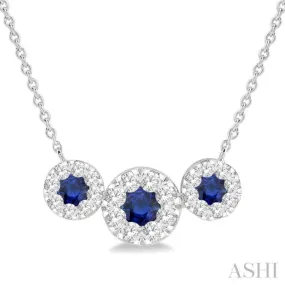 5/8 ctw Tri Stone 3.80MM & 3MM Sapphire and Round Cut Diamond Precious Necklace in 14K White Gold