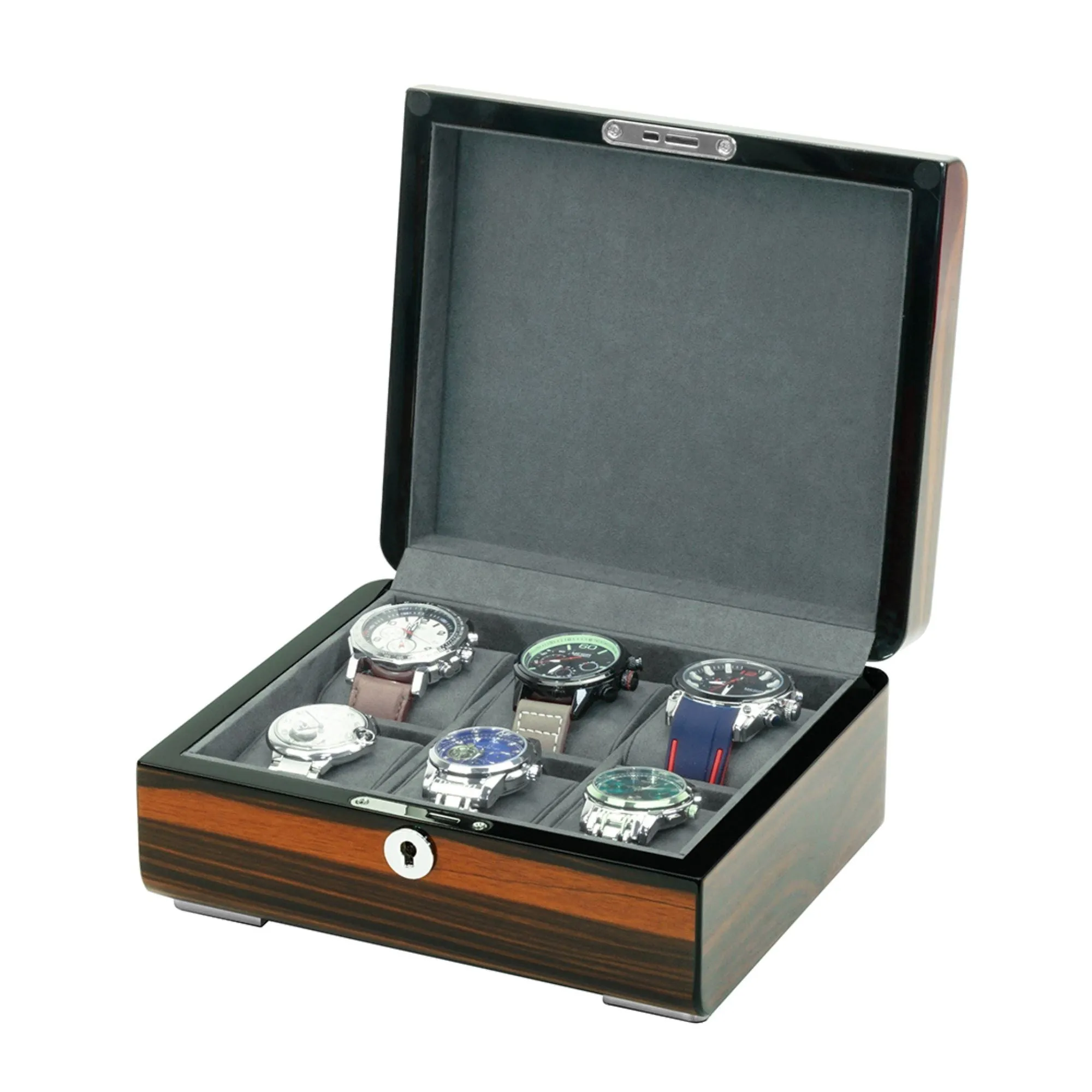 6 Slots Watch Box with Lock in Wooden Ebony