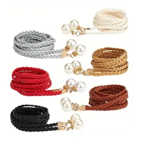 6pcs 6Colors Women's Waist Belt, Braided Woven Tassels Chain Belt, PU Leather Rope Belt With Imitation Pearl, Skinny Tie Belt, Boho Fringe Belt For Skirt Dress-53 Inch Long, Gift For Women