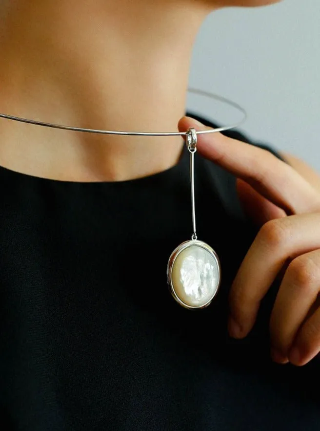 925 Silver Necklace: Wood-grain Marble&Black Onyx & White Mother of Pearl Pendant