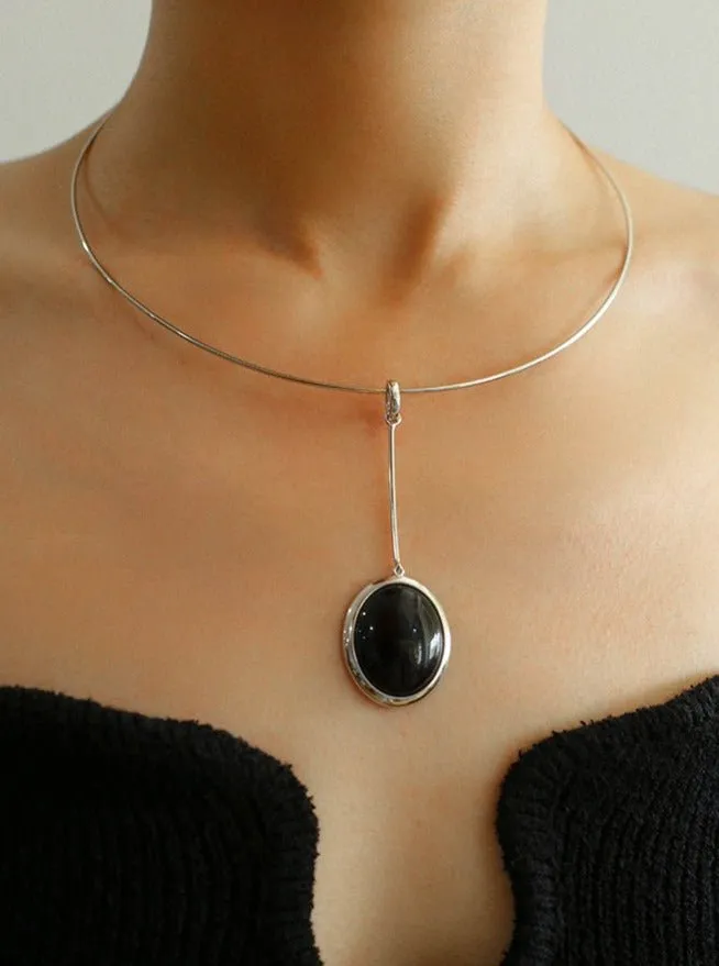 925 Silver Necklace: Wood-grain Marble&Black Onyx & White Mother of Pearl Pendant