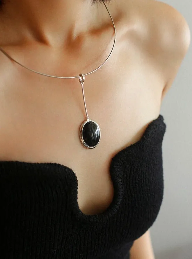 925 Silver Necklace: Wood-grain Marble&Black Onyx & White Mother of Pearl Pendant