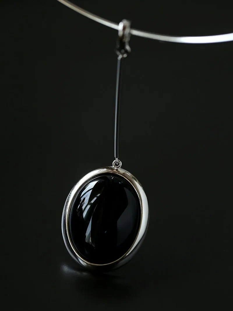 925 Silver Necklace: Wood-grain Marble&Black Onyx & White Mother of Pearl Pendant