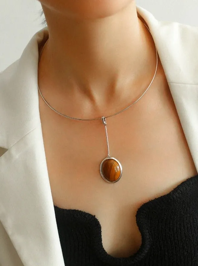 925 Silver Necklace: Wood-grain Marble&Black Onyx & White Mother of Pearl Pendant