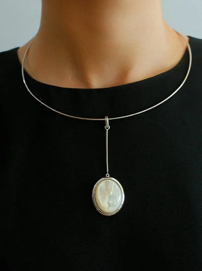 925 Silver Necklace: Wood-grain Marble&Black Onyx & White Mother of Pearl Pendant