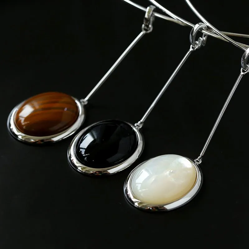 925 Silver Necklace: Wood-grain Marble&Black Onyx & White Mother of Pearl Pendant