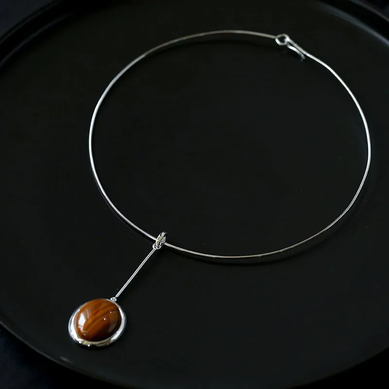 925 Silver Necklace: Wood-grain Marble&Black Onyx & White Mother of Pearl Pendant