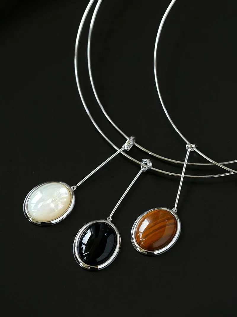 925 Silver Necklace: Wood-grain Marble&Black Onyx & White Mother of Pearl Pendant