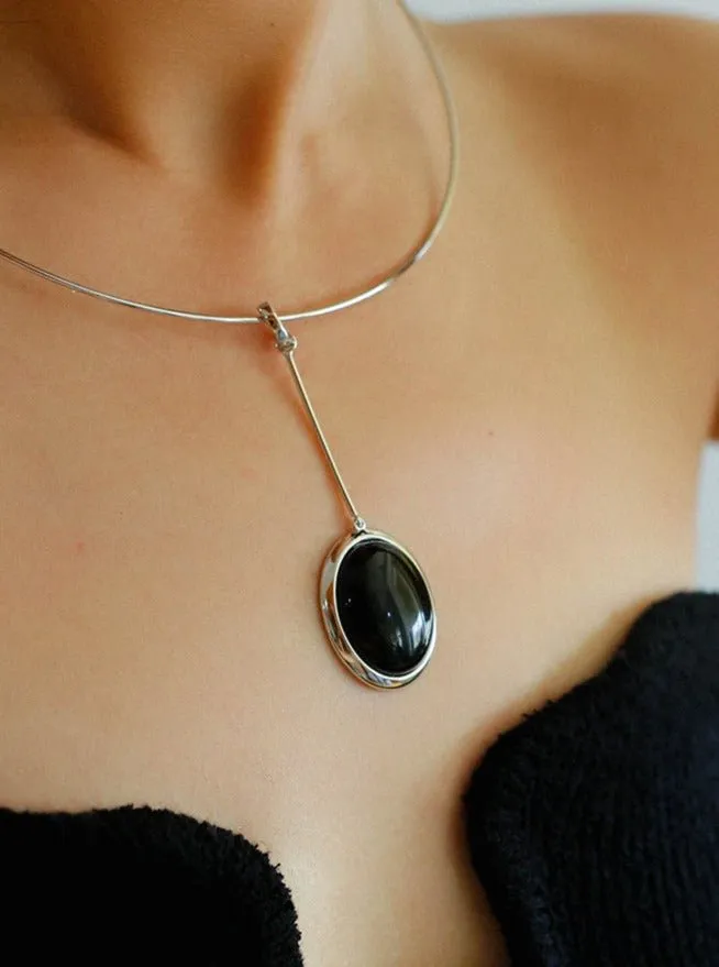 925 Silver Necklace: Wood-grain Marble&Black Onyx & White Mother of Pearl Pendant