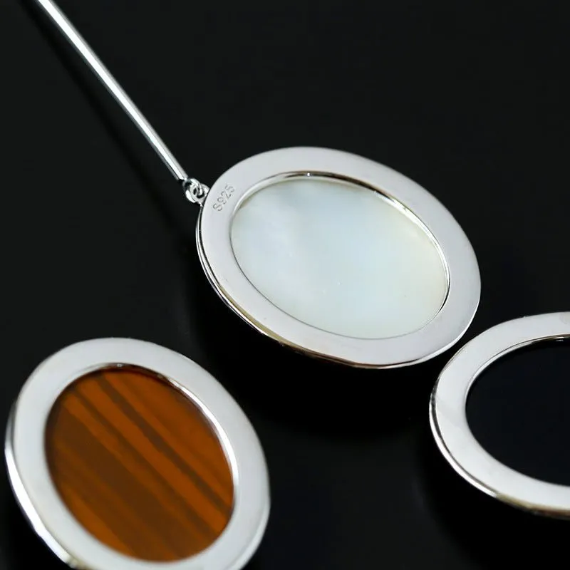 925 Silver Necklace: Wood-grain Marble&Black Onyx & White Mother of Pearl Pendant