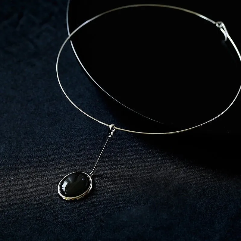 925 Silver Necklace: Wood-grain Marble&Black Onyx & White Mother of Pearl Pendant