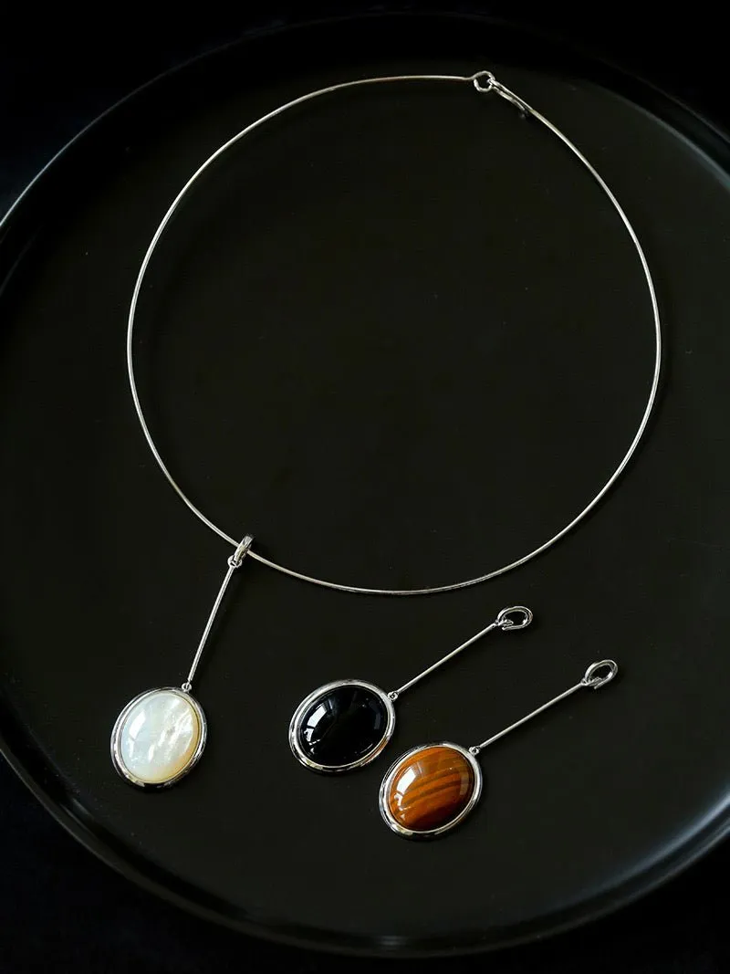 925 Silver Necklace: Wood-grain Marble&Black Onyx & White Mother of Pearl Pendant