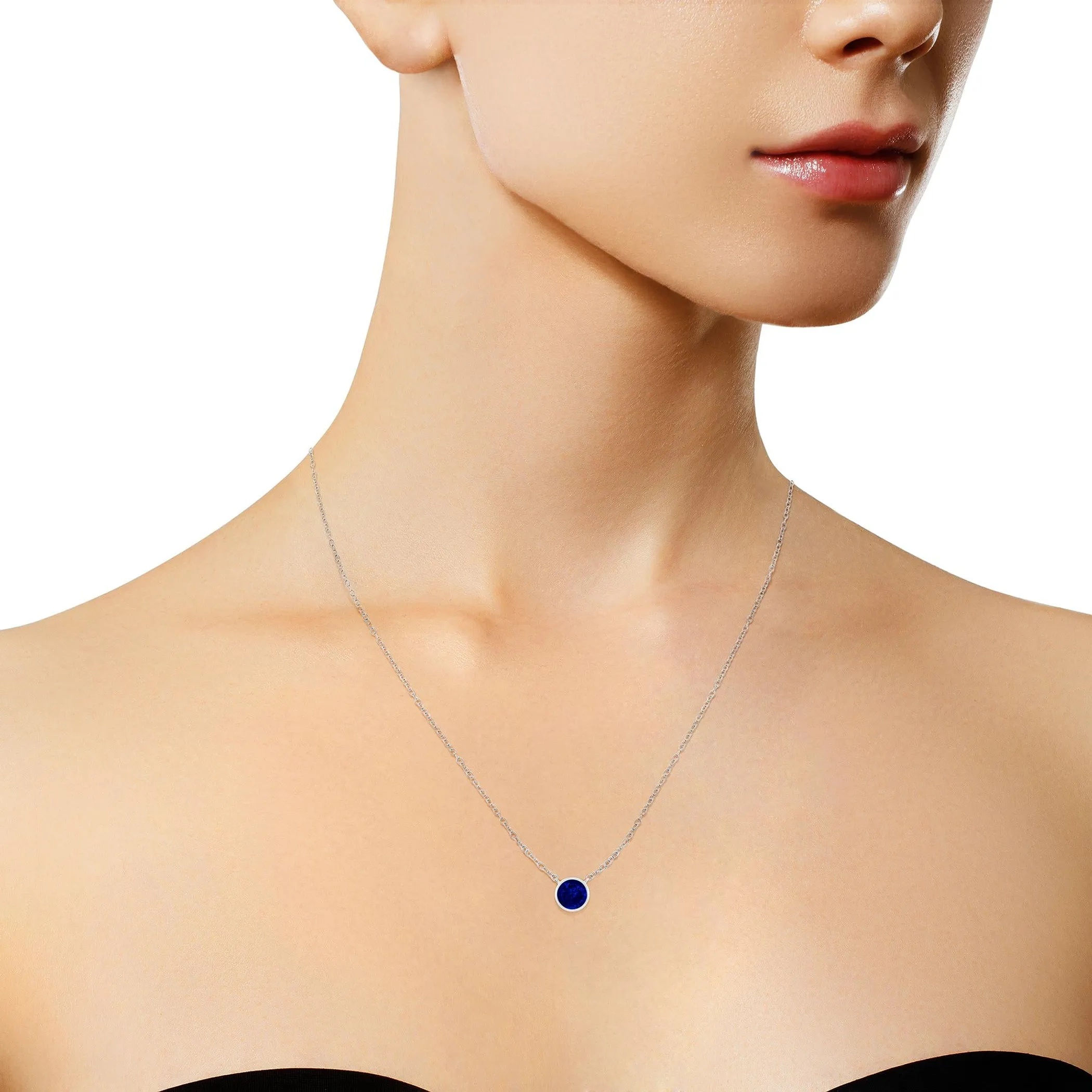 .925 Sterling Silver 2.5mm Lab Grown Cobalt Blue Sapphire Solitaire Bezel Necklace