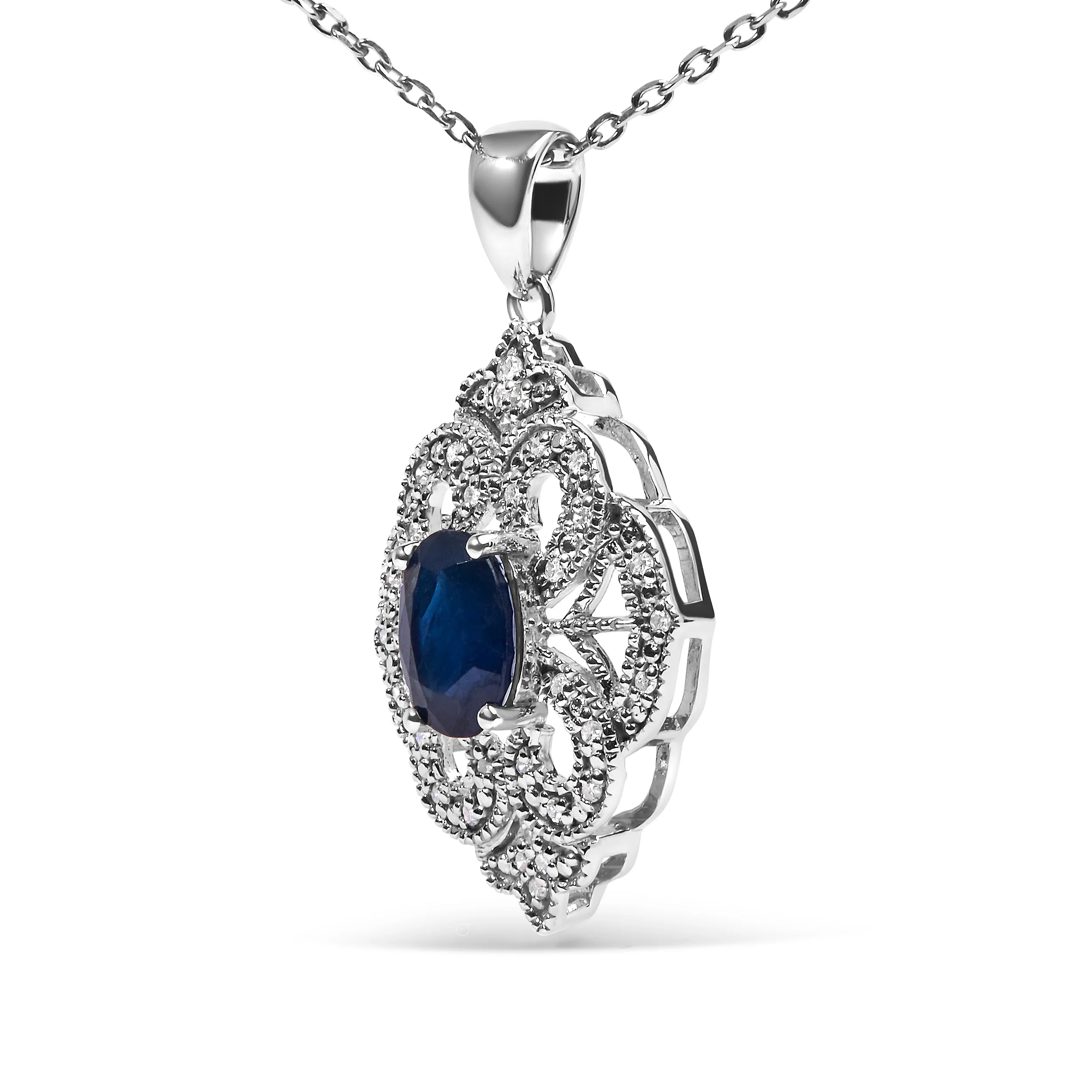 .925 Sterling Silver 7x5 MM Oval Blue Sapphire and Diamond Accent Art Deco Style Shield Shaped 18" Pendant Necklace