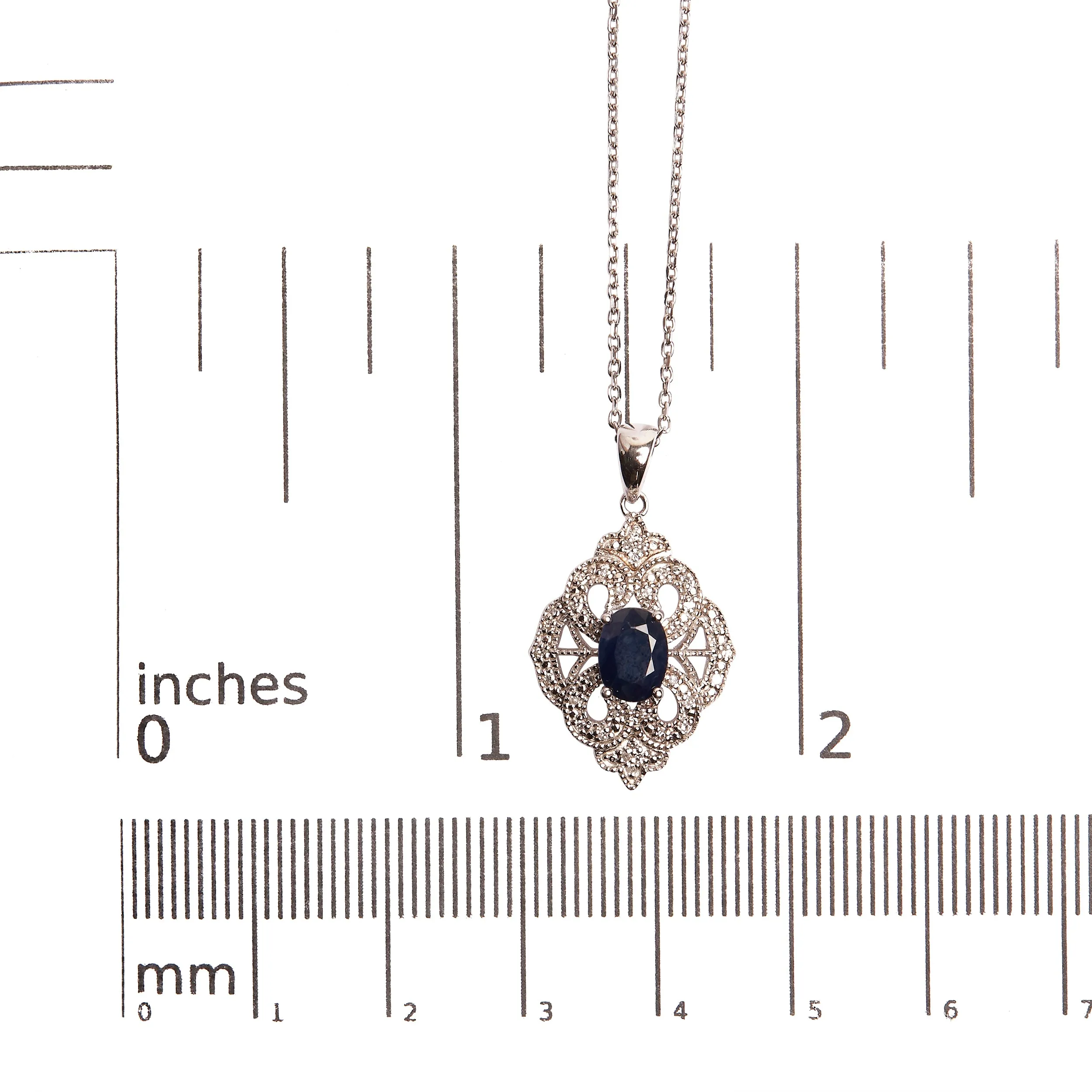 .925 Sterling Silver 7x5 MM Oval Blue Sapphire and Diamond Accent Art Deco Style Shield Shaped 18" Pendant Necklace