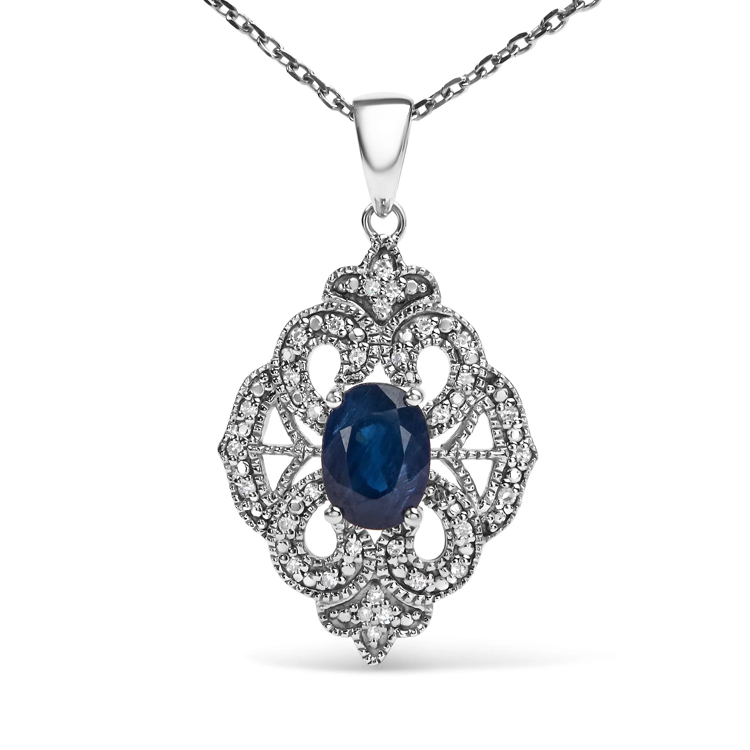 .925 Sterling Silver 7x5 MM Oval Blue Sapphire and Diamond Accent Art Deco Style Shield Shaped 18" Pendant Necklace