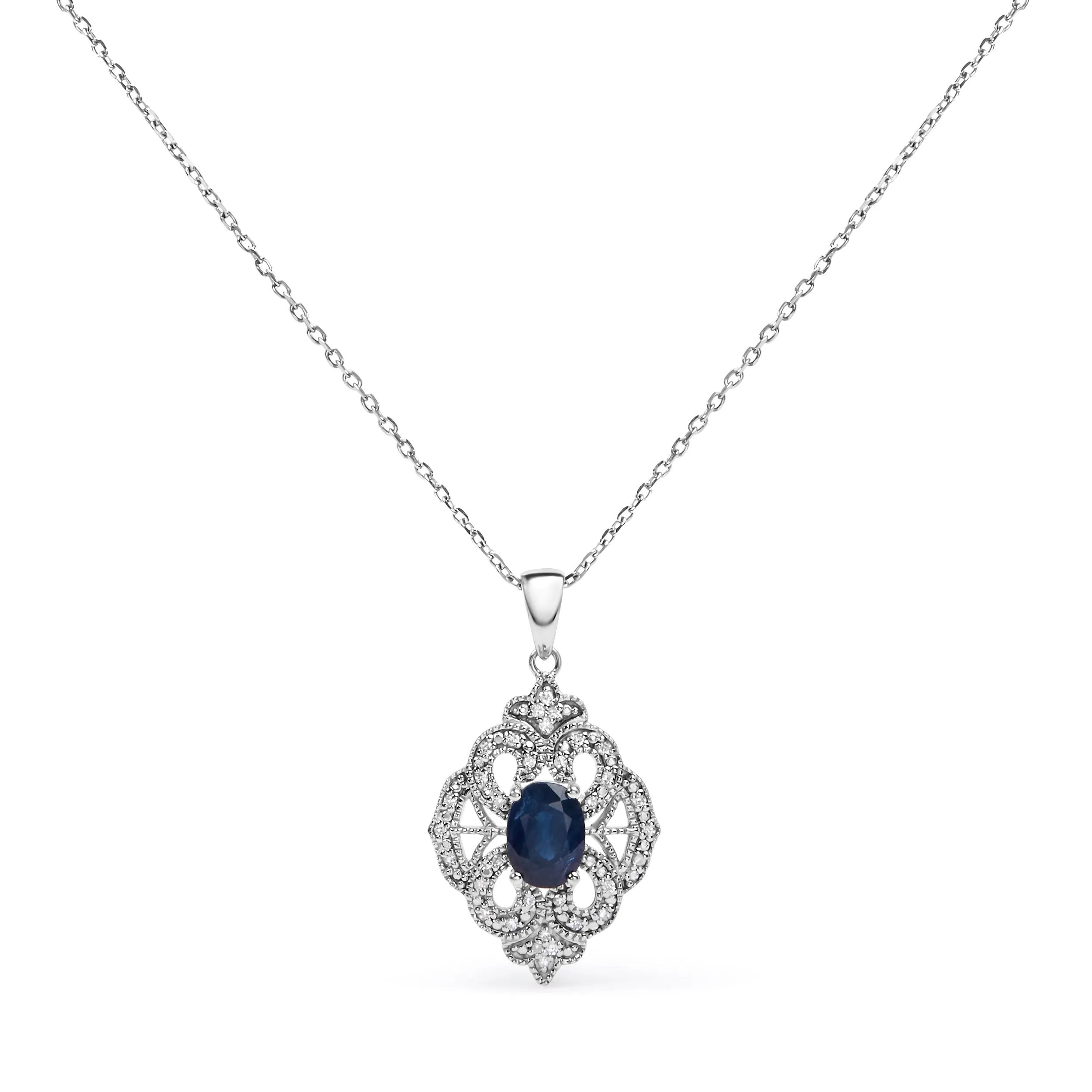 .925 Sterling Silver 7x5 MM Oval Blue Sapphire and Diamond Accent Art Deco Style Shield Shaped 18" Pendant Necklace