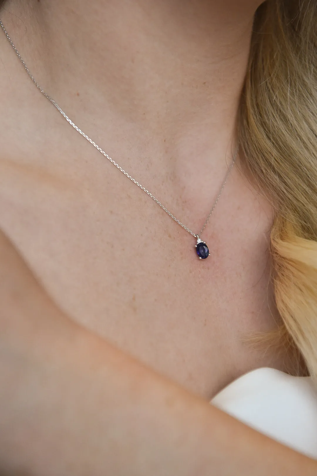 9ct White Gold Earth Grown Diamond & Sapphire Pendant Necklace