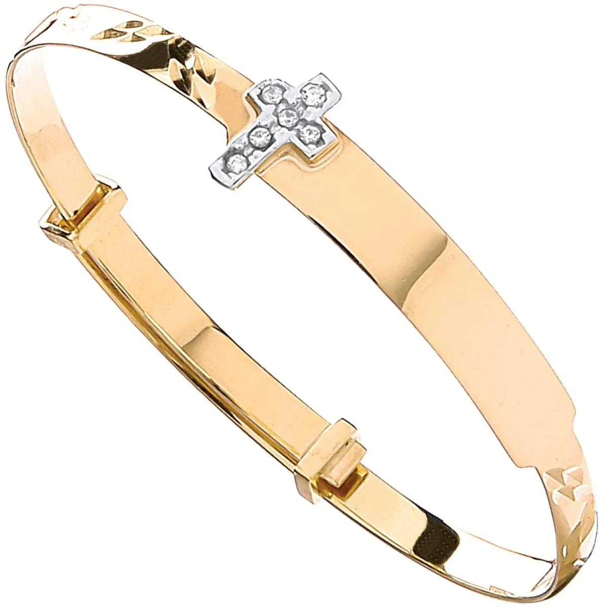 9ct Yellow Gold Diamond-Cut Expandable Baby Bangle with CZ Cross