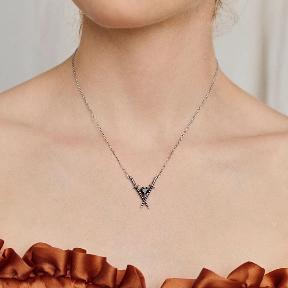 ABJURE. Crossed Swords & Onyx Heart Necklace - Gold