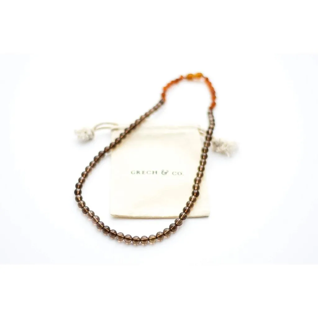 Adult Amber Necklace - Smokey Quartz   Raw Cognac