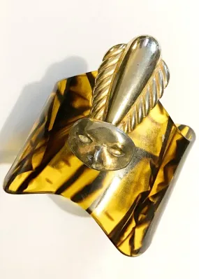 Amazing Faux Tortie Lucite Cuff Bangle Bracelet with Brass Masquerade Face