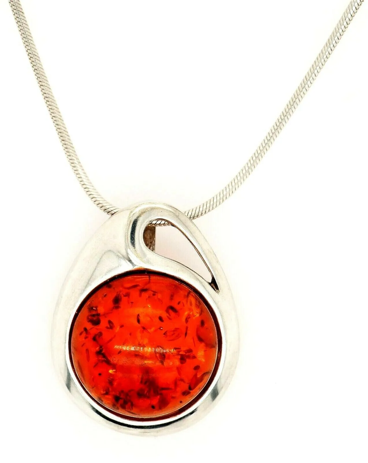 Amber 925 Sterling Silver Pendant & Snake Chain Necklace