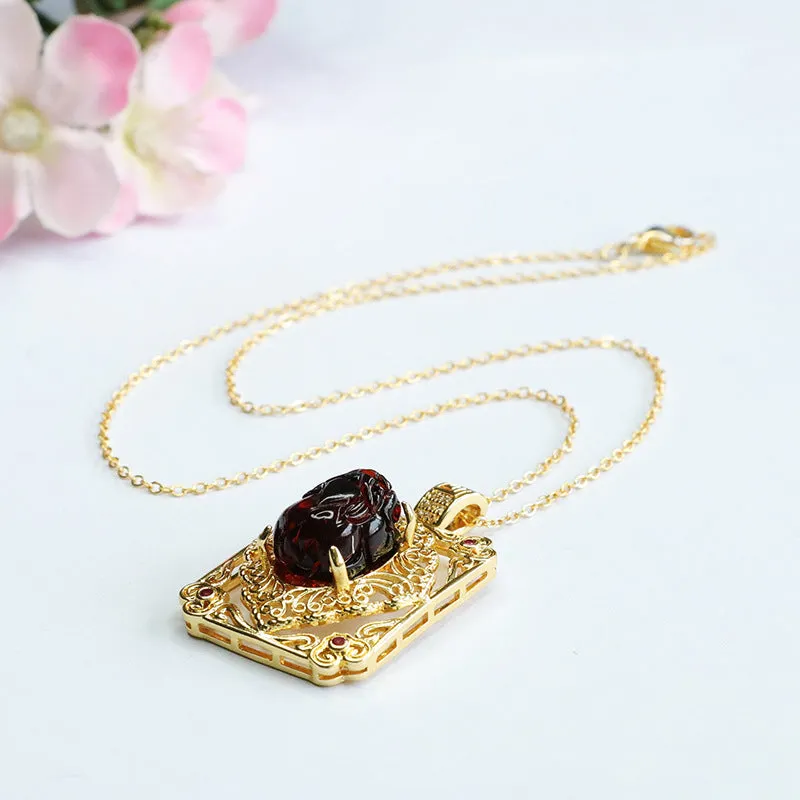 Amber Beeswax Pixiu Pendant Necklace with Sterling Silver Chain