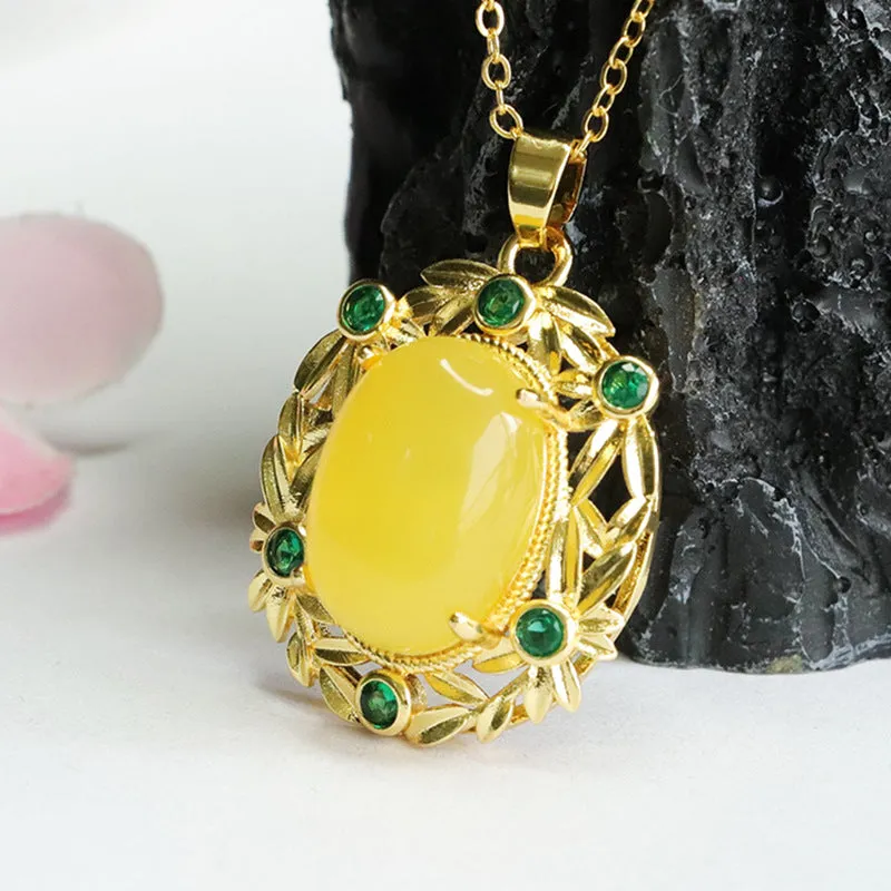 Amber Honey Wax Pendant with Zircon Leaf Detail Necklace