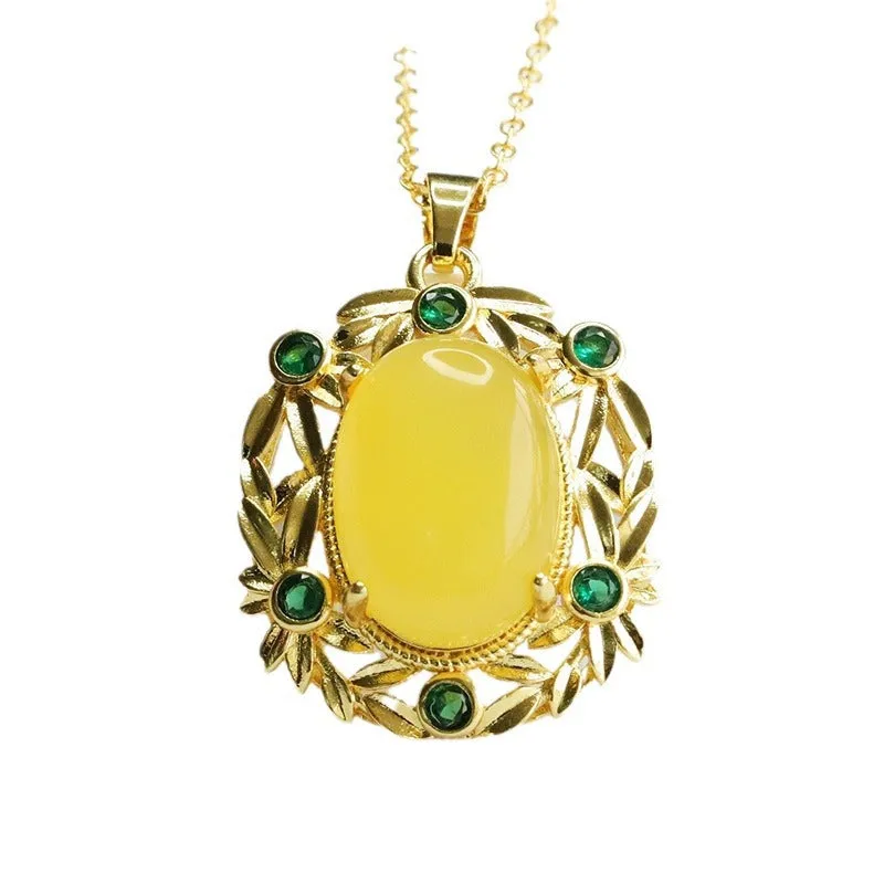 Amber Honey Wax Pendant with Zircon Leaf Detail Necklace