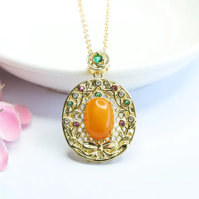 Amber Pendant Necklace with Zircon Garland and Sterling Silver Honey Wax Accents