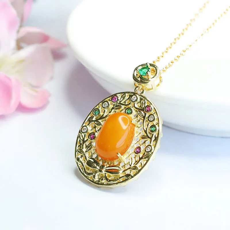 Amber Pendant Necklace with Zircon Garland and Sterling Silver Honey Wax Accents