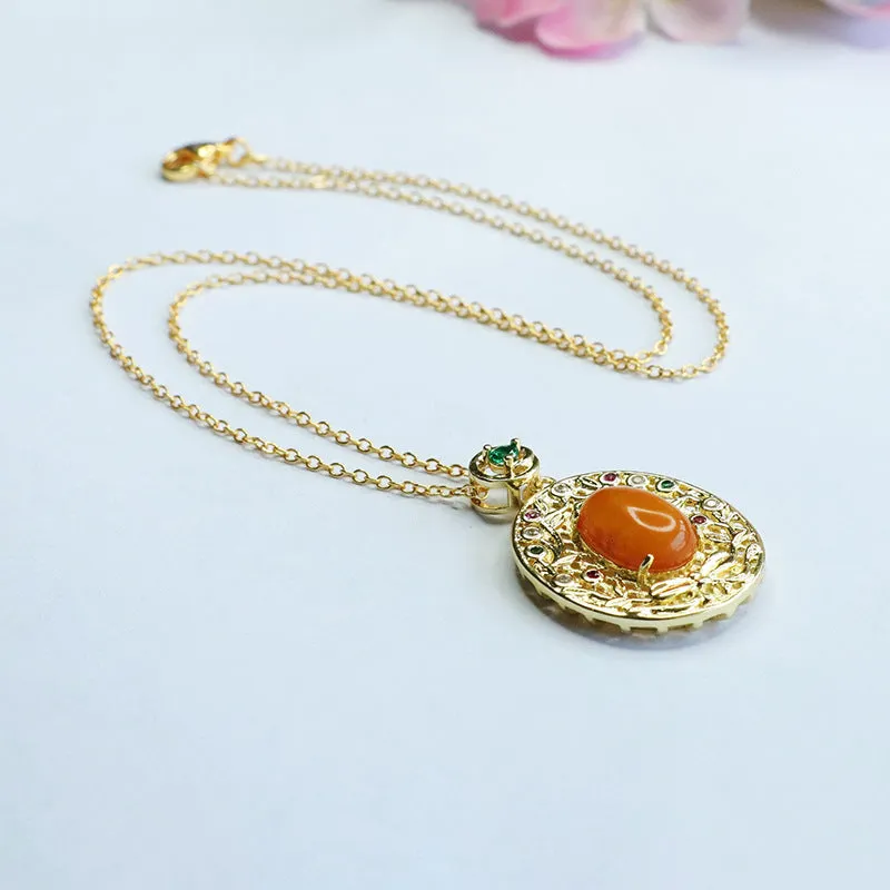 Amber Pendant Necklace with Zircon Garland and Sterling Silver Honey Wax Accents