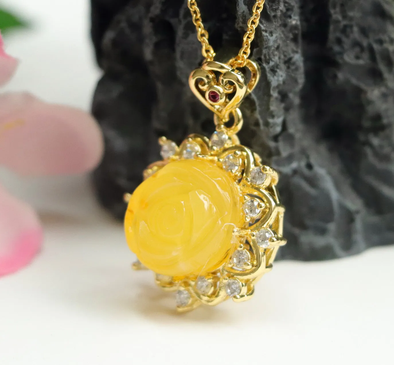 Amber Rose Necklace with Amber Beeswax Pendant and Zircon Flower Jewelry