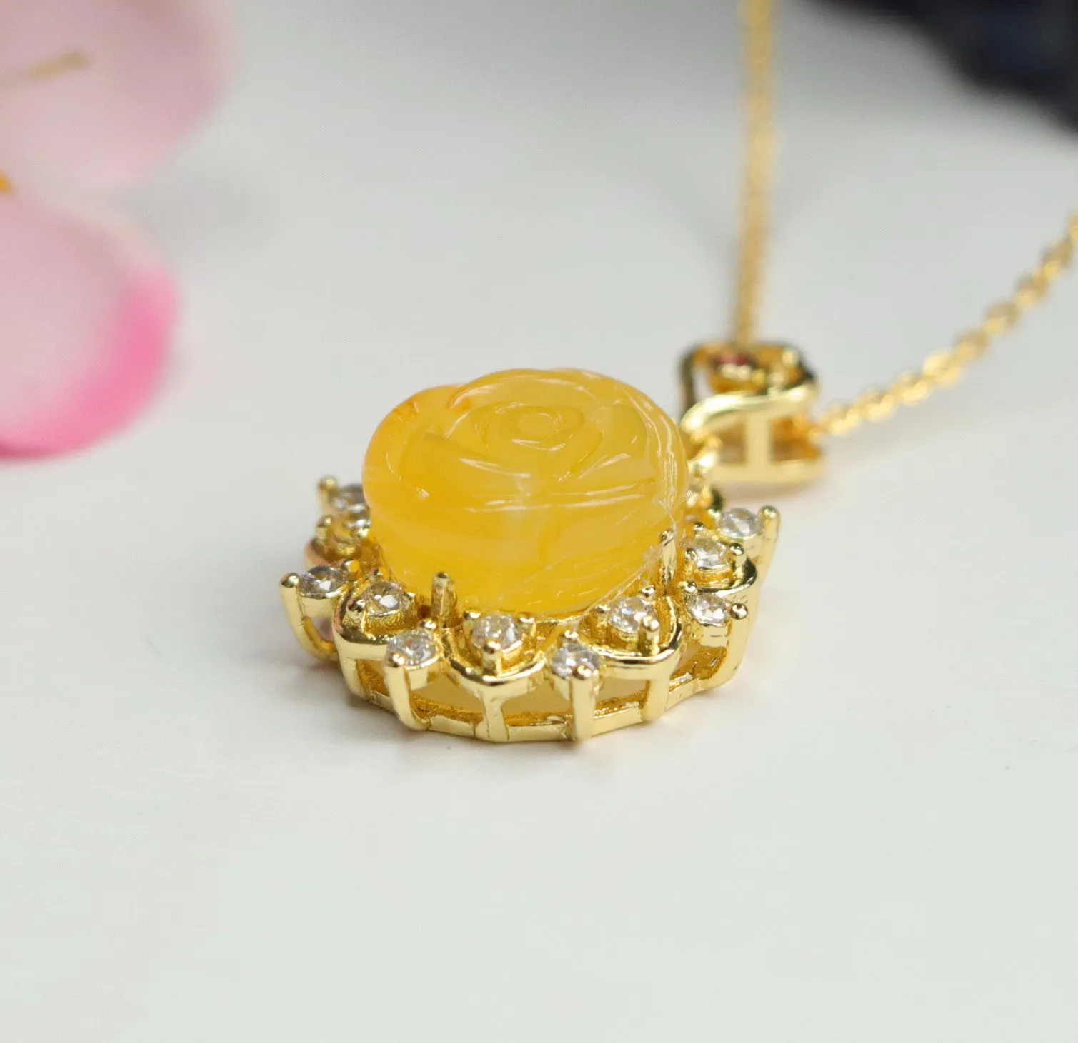 Amber Rose Necklace with Amber Beeswax Pendant and Zircon Flower Jewelry