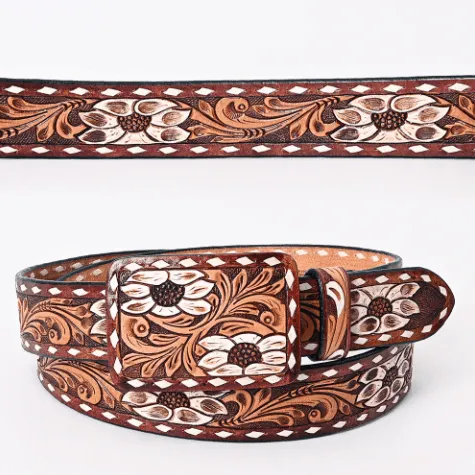 American Darling White Flower Hand Tooled & Painted Leather Belt ADBLF178