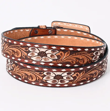 American Darling White Flower Hand Tooled & Painted Leather Belt ADBLF178