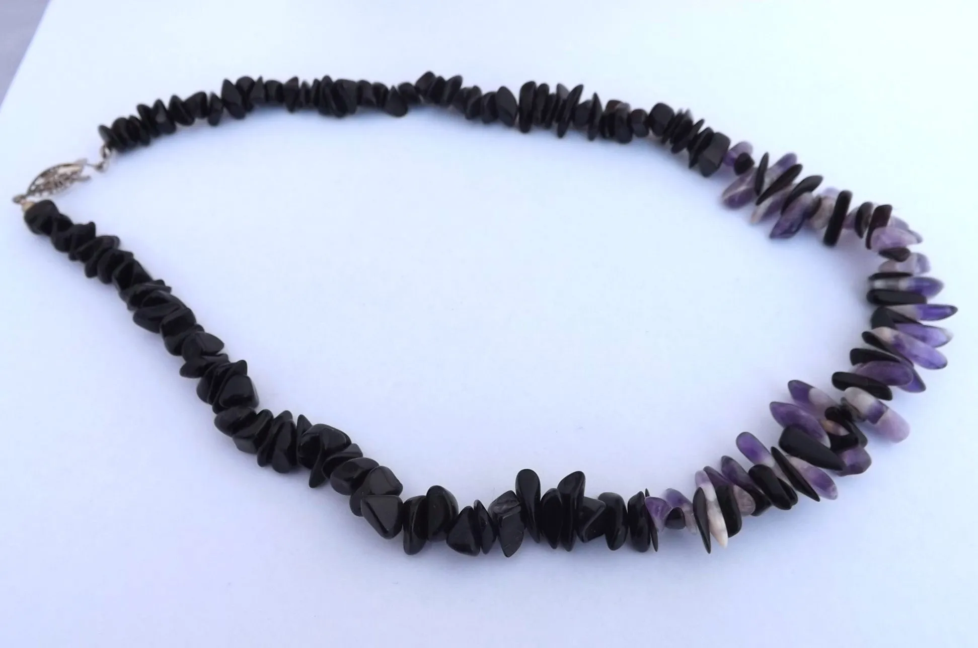 Amethyst & Onyx Gem Chip Handmade Bead Necklace