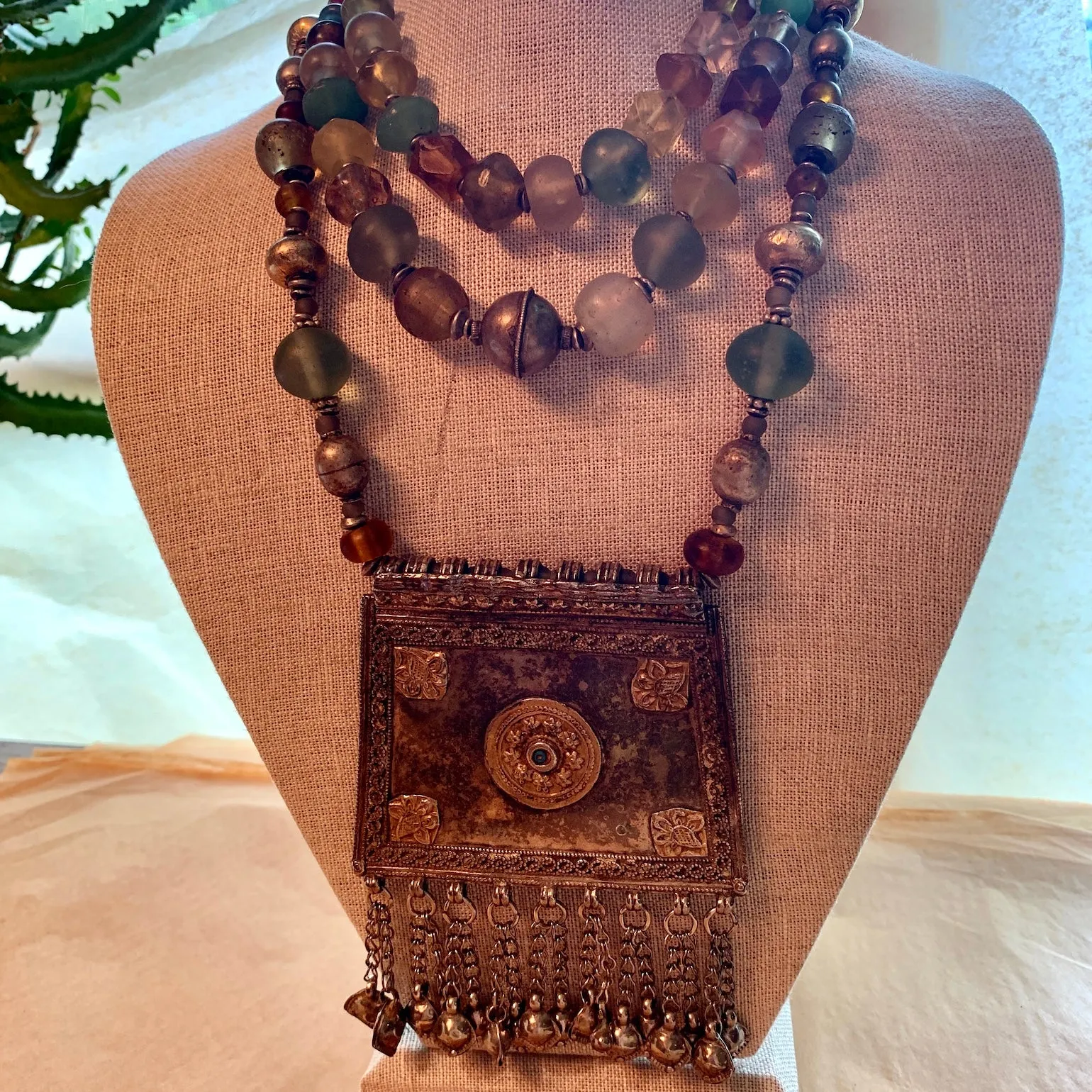 Antique Afghan Pendant & Vaseline Bead Necklace