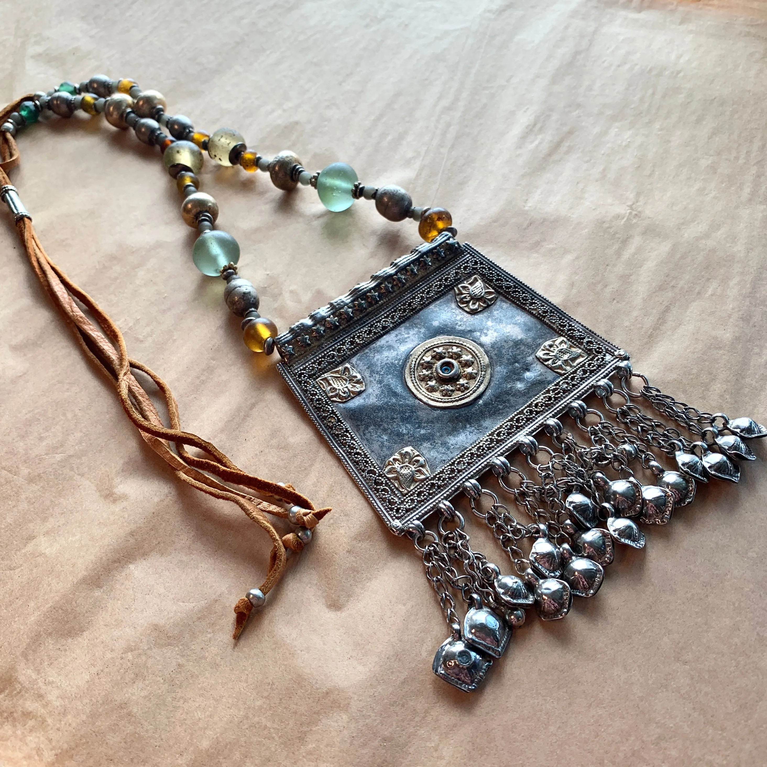 Antique Afghan Pendant & Vaseline Bead Necklace