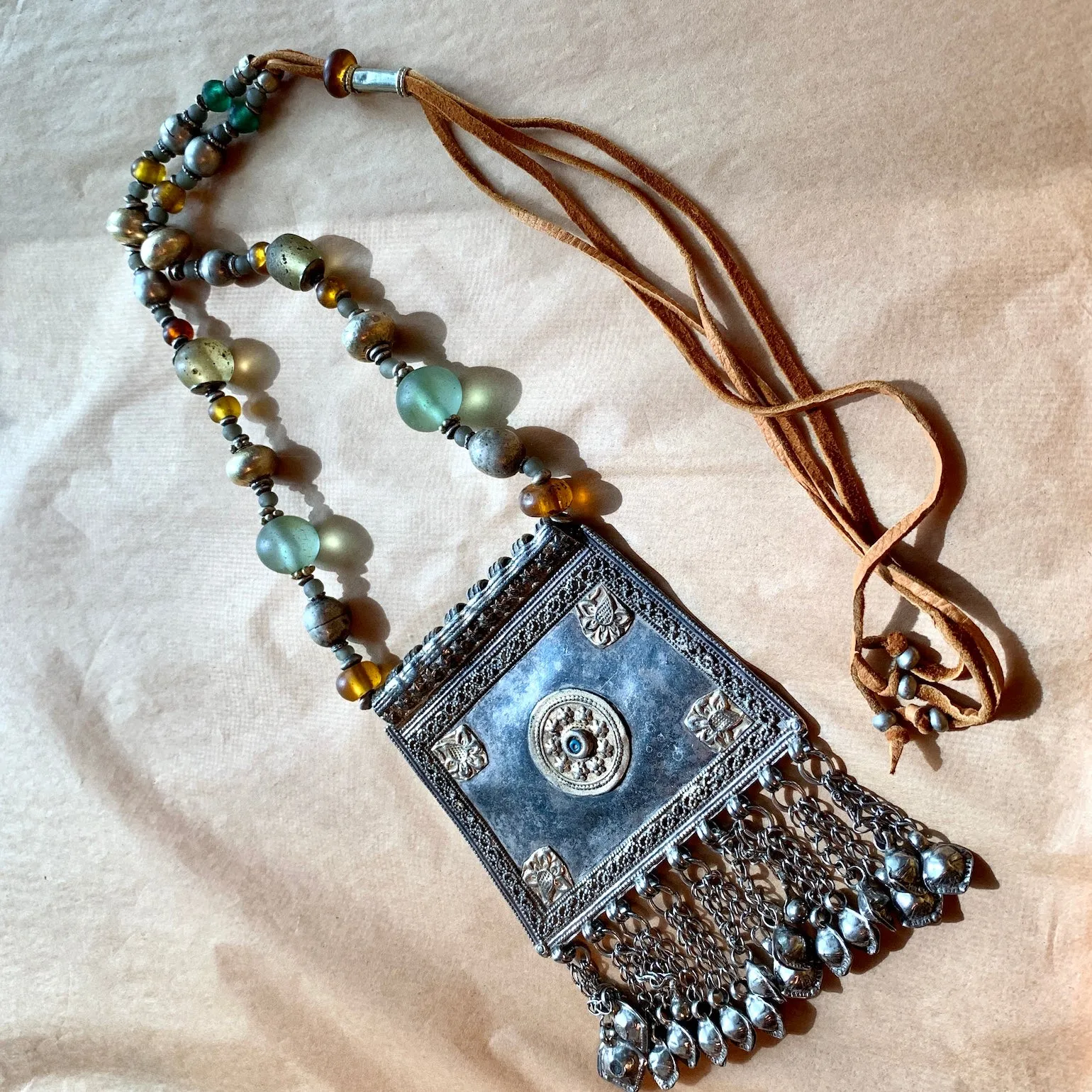 Antique Afghan Pendant & Vaseline Bead Necklace