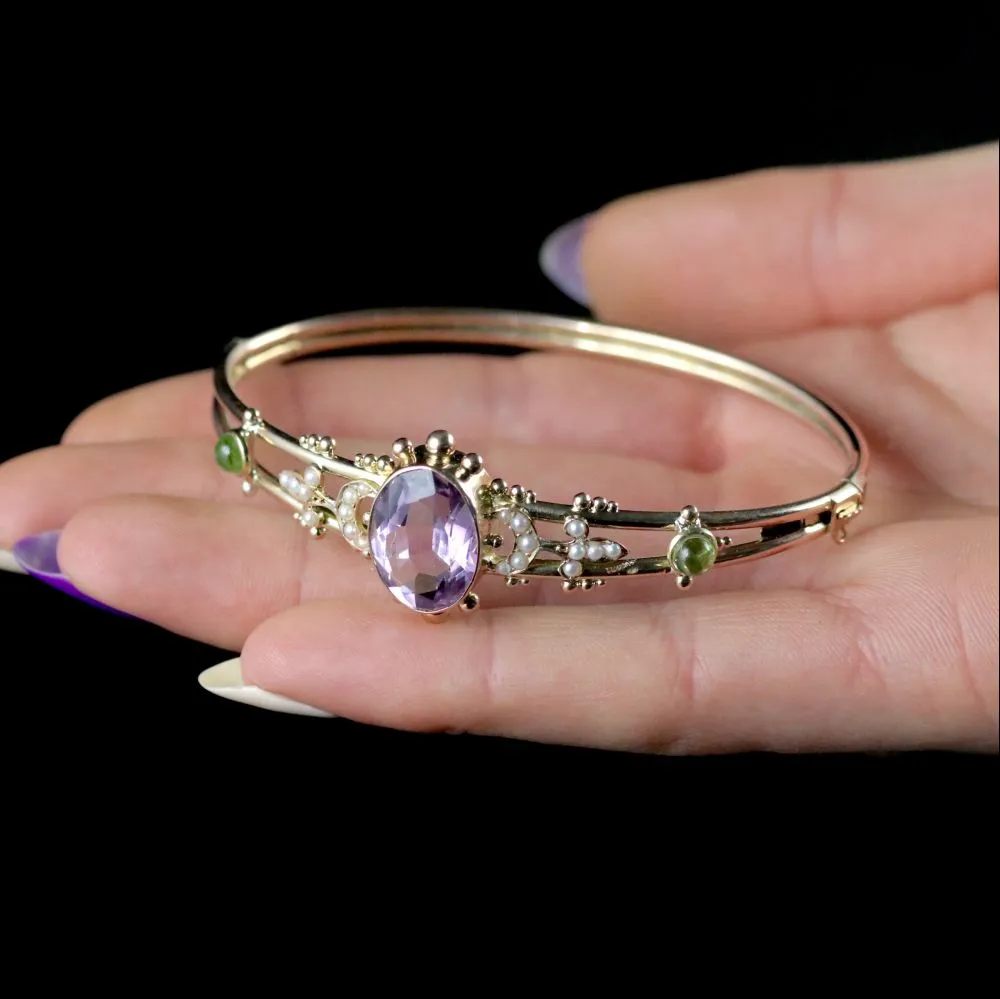 Antique Edwardian Suffragette Bangle Amethyst 9Ct Gold Circa 1910