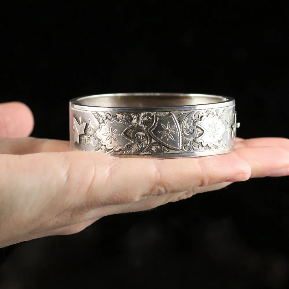 Antique Victorian Silver Ivy Bangle Dated 1881