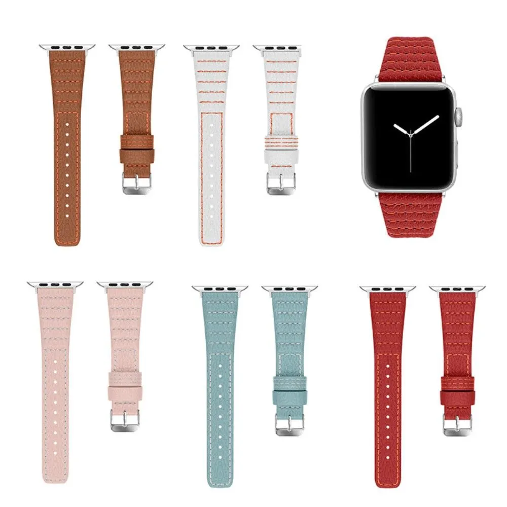 Apple Watch (45mm) wave texture genuine leather watch strap - White