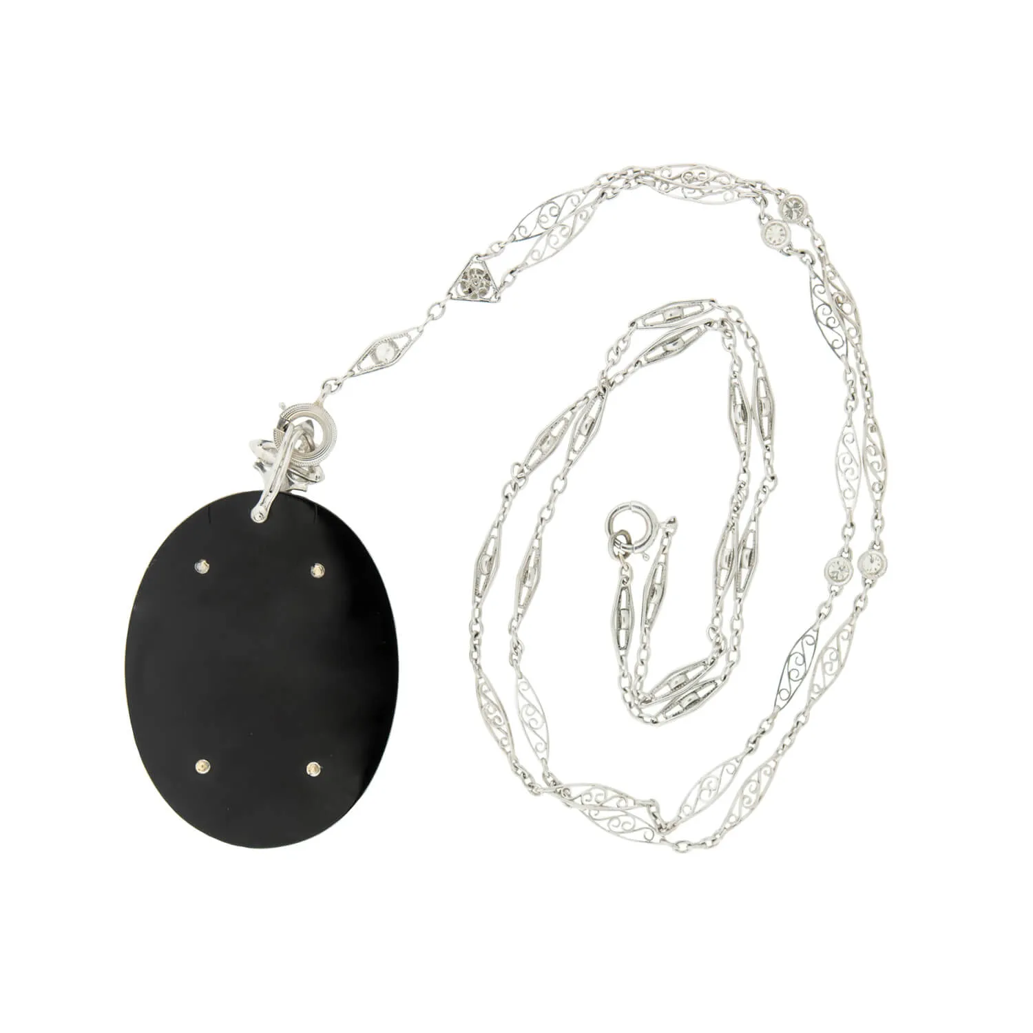 Art Deco 14k Onyx & Diamond Filigree Pendant Necklace