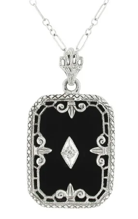 Art Deco Filigree Onyx Pendant Necklace with Diamond in 14 Karat White Gold